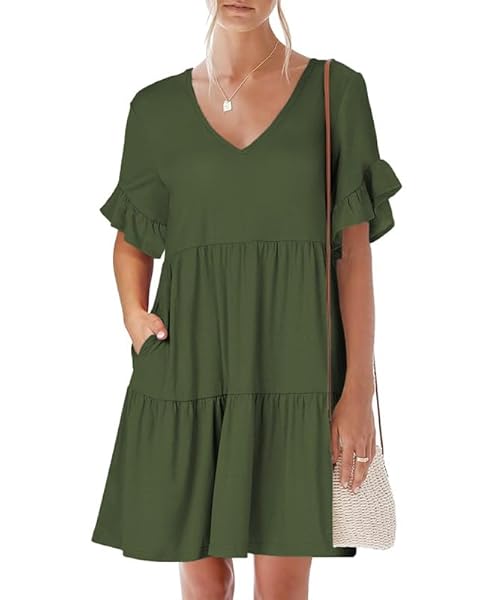 REDMORE SUMMER DRESSES FOR WOMEN 2024 CASUAL BABYDOLL V NECK RUFFLE SHORT SLEEVE A LINE DRESS BEACH TIERED DRESS WITH POCKETS ARMY GREEN