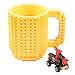 FUBARBAR Build-On Brick Mug - BPA-Free 12ounce Blocks Coffee Cup, Comes with Build-On Building Bricks, Plastic Mug for Coffee Tea Beverage Drinking, Creative and Funny (Yellow)