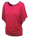 LL WT742 Womens Boat Neck Short Sleeve Dolman Drape Top L HOT_PINK