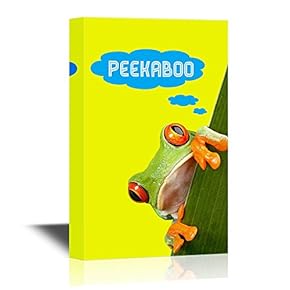 Nursery Art Canvas Wall Art - Adorable Peekaboo Tree Frog Behind a Leaf on Yellow Background - Gallery Wrap Baby/Kids Room Decoration | Ready to Hang - 12x18 inches