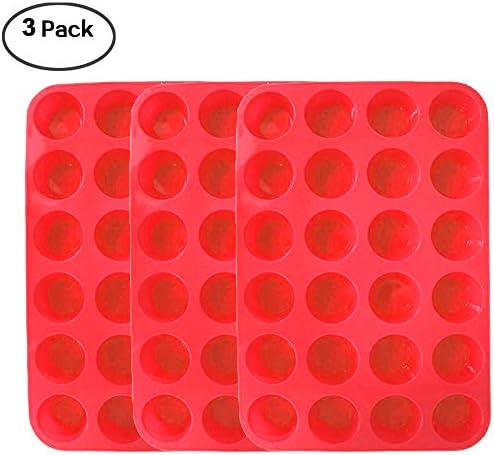 3 Paks Silicone Mini Muffin Pan, 24 Cups Silicone Mold Cupcake Baking Pan, Silicone Muffin Tins Baking Molds. (Red)