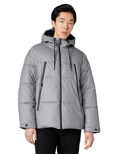 KARL LAGERFELD Paris Men's Hooded Puffer Jacket with Zip Pockets, Grey, Large