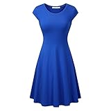 HIKA Women's Casual Cap Sleeve Round Neck Flared A-line Midi Dress (Medium, Blue)