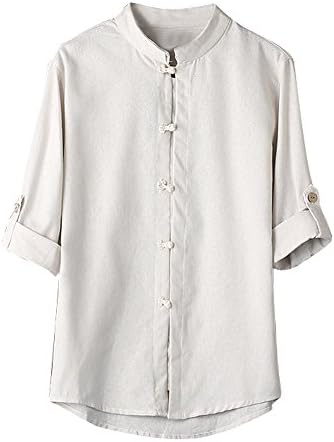 Mens T Shirts Men Classic Chinese Style Kung Fu Button Down Shirts Tops Tang Suit 3/4 Sleeve Linen Casual Dress Shirt