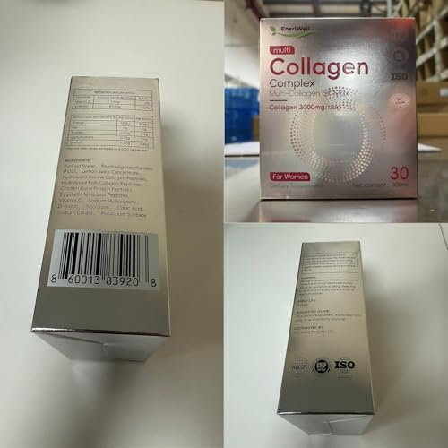 EneriWell Multi Collagen Supplements for Women, Men, 3000mg Hydrolyzed Bovine Collagen Peptides with Type 2, Biotin Vitamins C, Glow up for Skin, Hair, Nails & Joints, Halal, Liquid, Travel 30 sachets