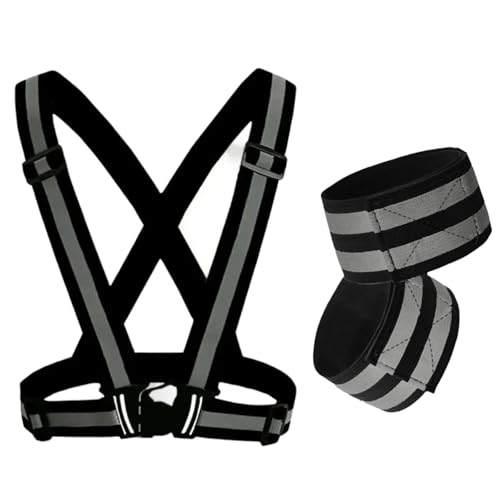 YSDINK Reflective Safety Set:High Visibility Adjustable Elastic Vest with 2 High Luminance Double Stripe Armbands for Night Running, Cycling, Jogging, Walking, Suitable
