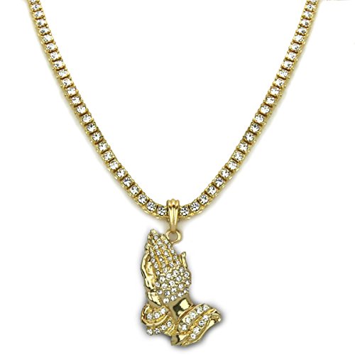 Mens Gold Plated Cz Prayer Hands Clear Stone Charm Pendant 1 row 30" 4mm Clear CZ 1 Row Tennis Chain