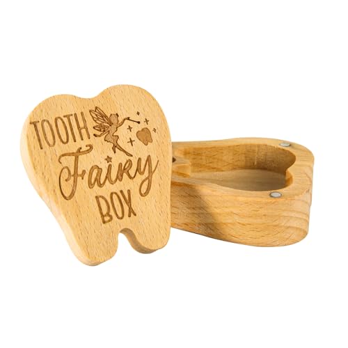 XIHIRCD Tooth Fairy Box, Wooden Tooth Keepsake Box Magnetic Tooth Holder Cute First Tooth Storage Box Tooth Shape Birthday Souvenir Gift for Lost Teeth (Classic Style)