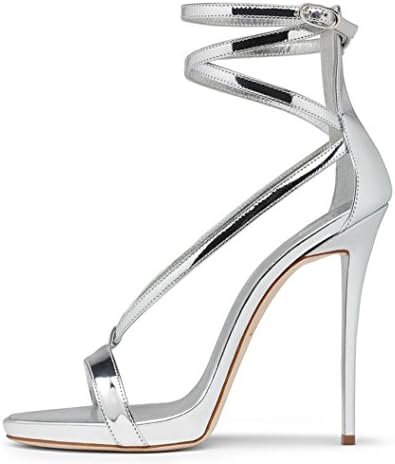 Juoar Women's Open Toe Crisscross Ankle Buckle Strap High Heel Sandals Sexy Wedding Party Stiletto Shoes Patent Leather Silver US5