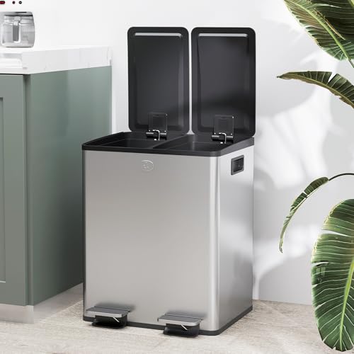 HOMCOM Trash Can and Recycle Bin, 2 x 5 Gallon (2 x 20 L) Stainless Steel Step Garbage Can with Soft Close, Stay-Open Lid, Deodorizer Compartment, Fingerprint-Proof, Silver