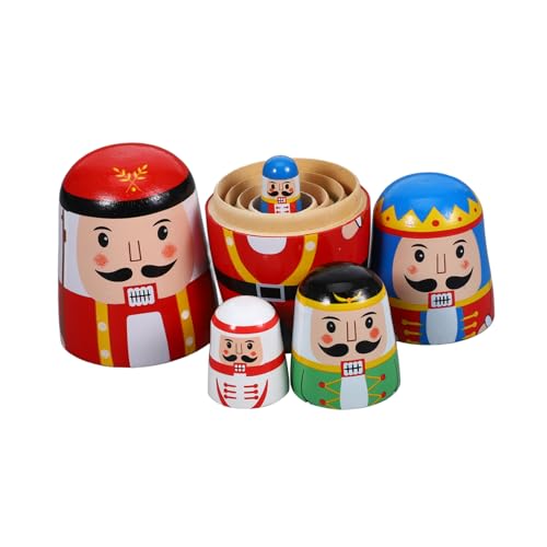 BESPORTBLE Five Nutcracker Russian Nesting Dolls Solid Wood Stackable Matryoshka for Christmas Decoration and Gift Bright Colored Craft Collectible Home Display