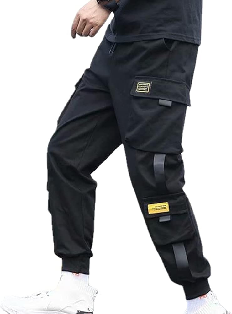 N\P Men's Side Pockets Cargo Harem Pants Ribbons Black Hip Hop Casual Male Joggers : Amazon.co.uk