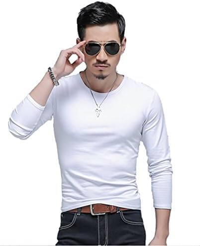 Men's Long-Sleeve Cotton-T Shirt round neck casual shirt men shirt (White,S)…