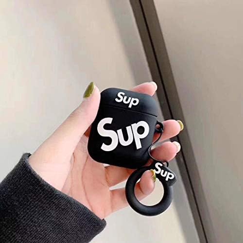 Ibision Airpods Case 3D Hot Air Jordan 23 Champion Sup Soft Silicone Wireless Earphone Charging Cover for Apple AirPods 1/2 with Finger Ring Strap (Sup Black)