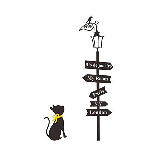 A Cat Is Watching Streetlight with Road Direction My Room Paris Newyork London Post Corridor Diy Removable Wall Sticker Home Decals Decor
