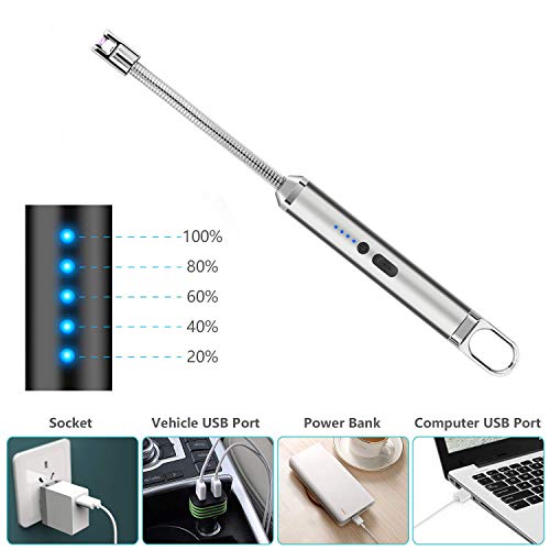 Lighters,Candle Lighters, Electric Lighters Long Flexible Flameless Windproof USB Rechargeable with Hook Battery Indicator Safety Designs for Candles, Grill, BQQ, Kitchen, Camping, Fireplace, Beach