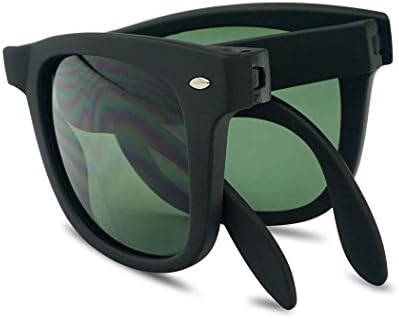 SunglassUP New Solid Color Wayfarer Folding Compact Pocket Horn Rimmed Sunglasses (Matte Black | Green Lens)