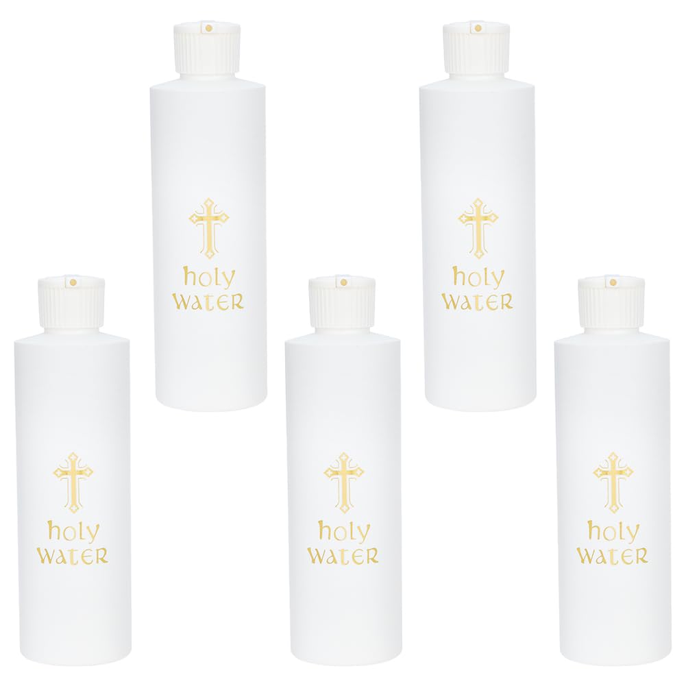 WEBEEDY 5 Pieces Empty Holy Water Bottles 250ml/8oz White with Gold-Tone Cross Plastic Holy Water Bottle for Church Supplies Home and Trave