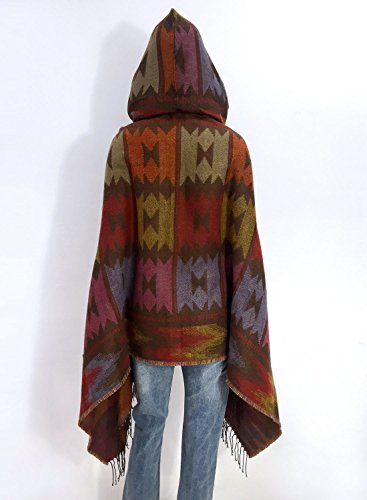 Futurino Women's Winter Boho Jacquard Plaid Hooded Poncho Cape Coverup OneSize Bronze