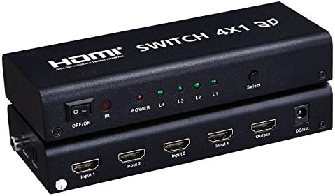 DISTANCER High Quality HDMI Switcher + Amplifier 4 in 1 out ( 4x1 ) with Audio Out, IR 1080P, 3D, 1.4a, Metal Box, 24K Gold Plated Connector - Compact HDMI Switch Switcher 4 in 1 ( 4x1 ) out 4 Ports Port with Built-in IR Wireless Remote Control, Coaxial, 3.5mm Stereo and Toslink Audio Out Output, Metal Box Hub Support 720, Full HD 1080P, Full 3D, HDMI 1.3, 1.4 (v1.4), 1.4a, with Power Adapter for PS4, Samsung, HD TV, Xbox, Blu-ray and So On