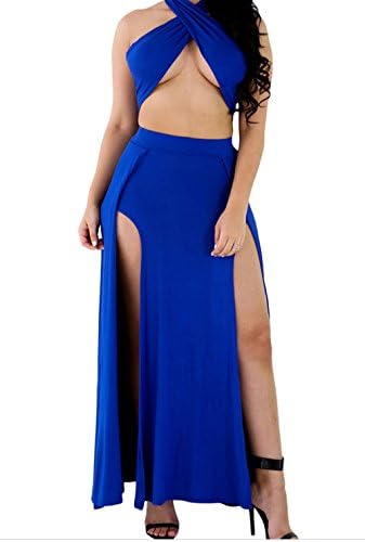 TomYork Sensual Wrap Style Maxi Skirt Set(Blue,S)