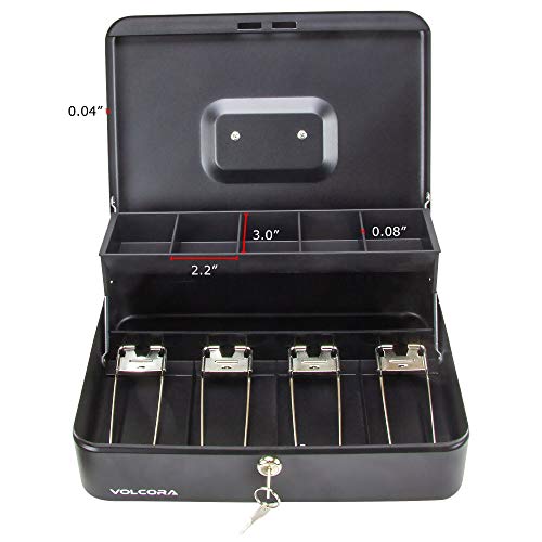 Black Steel Cash Box with Safe Key Lock | Tiered Money Coin Tray and Bill Slots | Portable and Compact | 2 Keys | Metal Lockable Storage Box for Change, Petty Cash, Fundraiser, Garage Sale