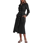 Amazhiyu Women's Pure Linen Long Sleeve Button Down Split Midi Dress with Belt