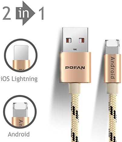 POFAN Nylon Braided Universal USB to Lightning + Micro USB Cable for both Apple and Android Phones (2-in-1 integrated interface) (Gold 3.9ft)