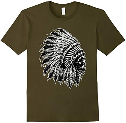 Men's NATIVE AMERICAN BIG CHIEF SKULL HEAD DRESS UNISEX TEE SHIRT Large Olive