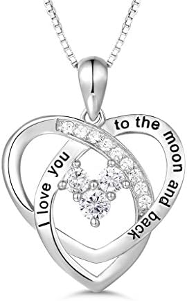 MASOP 925 Sterling Silver Necklace"I Love You to the Moon and Back" Love Heart Zirconia Pendant Necklace, 18+2" Chain