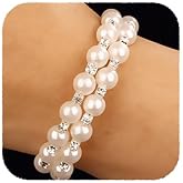 YERTTER Silver 2 Row Pearl Stretch Bangle Bracelet Tennis Chain Cuff 1920s Pearl Cuff Bridal Bangle Bracelet Wedding Hand Chain Gift for Women (Style A-Silver)