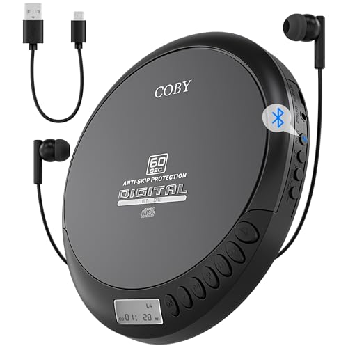Coby CD Player Portable Bluetooth CD Player for Car, Headphones, FM, AUX, MP3 Anti-Skip CD Player for Home, Compact Discman, Rechargeable, Lightweight