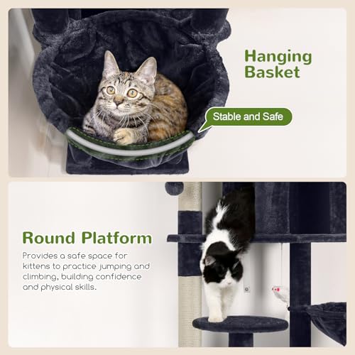 Globlazer XXL Cat Tree 209 cm with 3 Padded Perches, 2 Kennels, Large Platforms, 2 Baskets, Plush Toys, Huge, Stable Cat Trees for 3-5 Cats Indoor (F82, Dark Grey)