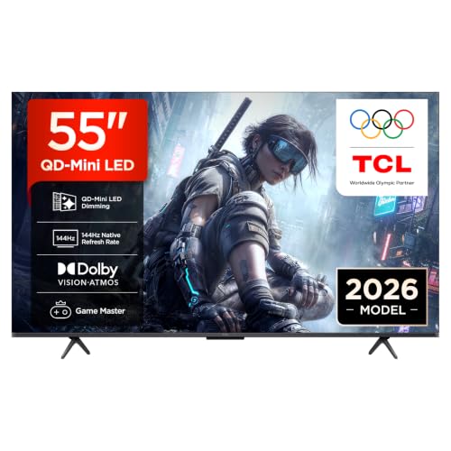 TCL 55T8D 4K QLED 55 TV with QD-Mini LED Dimming HDR Smart TV, 4K Ultra HD, Google TV with 144Hz VRR and Dolby Vision & Atmos