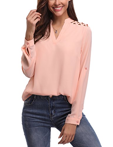 Womens Casual Chiffon V Neck Cold Shoulder Cuffed Long Sleeve Loose Shirt Blouse Tops