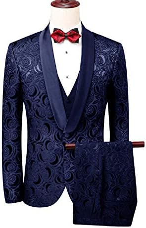YBang Men's 3 Pcs Suit Shawl Lapel Classic Patterned Wedding Blazer Vest Pants