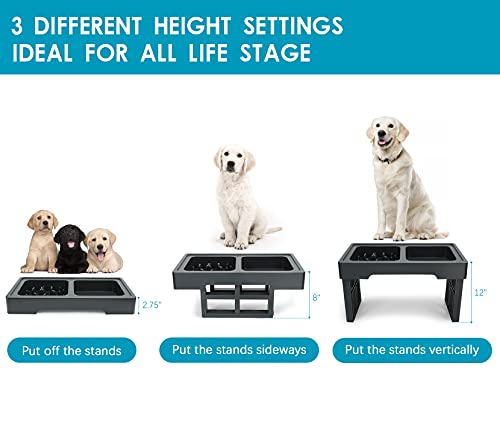 KASBAH Adjustable Elevated Dog Bowls, Raised Dog Bowl with Slow Feeder Bowl Dog Food Bowl Stand Adjust to 3 Heights, 2.75\