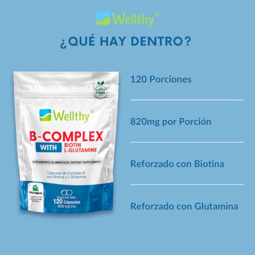 Wellthy Complejo B Cápsulas 120 porciones. Reforzado con Biotina y Glutamina. VCaps Cápsulas veganas, Bottle Free.