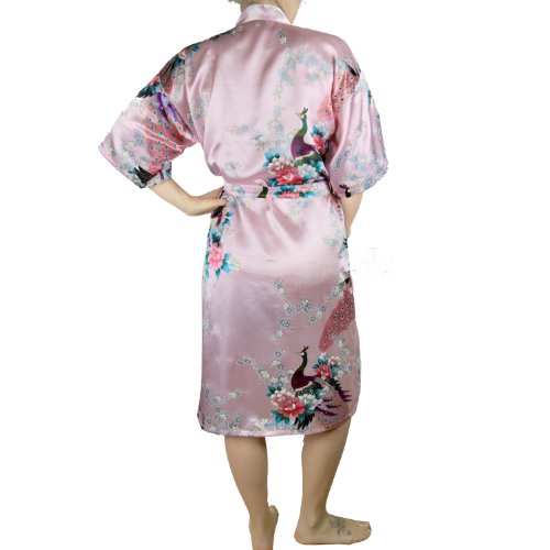 Silky Satin Kimono Robe for Women, Peacock Blossom, Long - Baby Pink - Large
