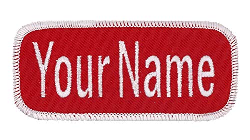 Name Patch Uniform Work Shirt Personalized Embroidered Red with White Border. Iron on.