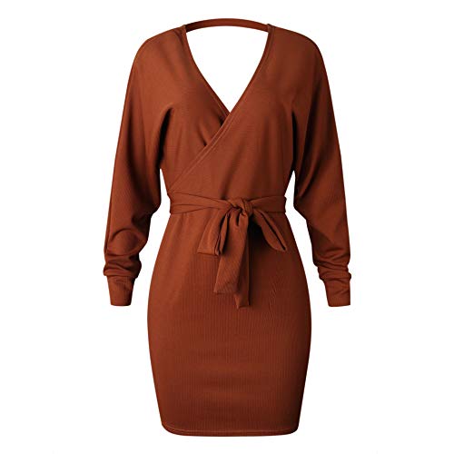 ZIYYOOHY Damen Elegant Strickkleid Pulloverkleid Tunika Kleid V-Ausschnitt Langarm Minikleid Mit Gürtel – Bild 3