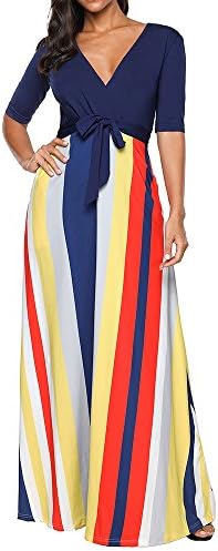 Kerener Women's Dress Striped Half Sleeve V Neck Maxi Dress High Waist Belted Floor-Length Dress for Party Casual