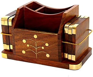 RUSSIN Handmade Wooden Desk Organizer, Wooden Tea Coaster/Coasters Set of 6, Pen Stand, Business Card Holder with Brass Work Office Table Accessories