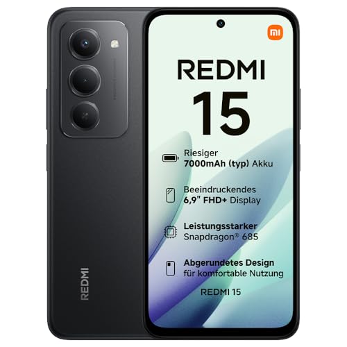XIAOMI Redmi 15, Smartphone 8+256GB, Handy mit Android, 6,9" FHD+ 144Hz DotDisplay, Snapdragon 685, 50MP KI-Dualkamera, 7000mAh Akku, Midnight Black
