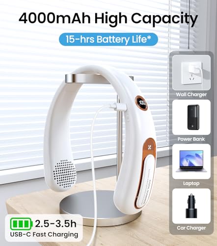 Neck Fan, Hands Free Bladeless Portable Neck Fan, 4000mAh USB Rechargeable Battery Fan, 3 Speed Personal Cooling Fan with 360° Airflow - for Hot Flashes Home Office Travel Outdoor Sports (White)