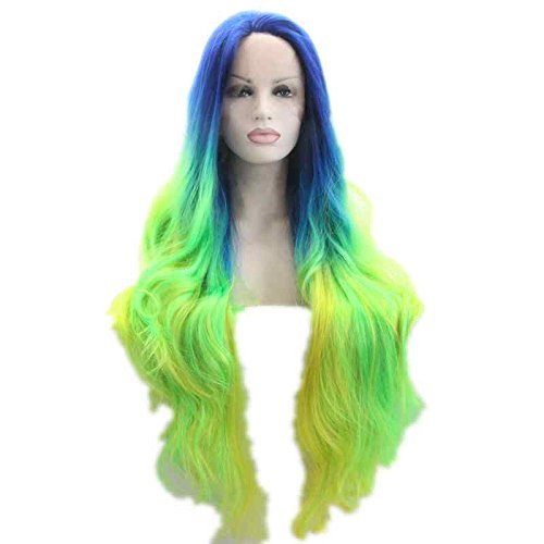 xiweiya Neon Green Yellow Ombre wig with Blue Roots Mixed Multi-color Blue Lace Front Wig 13x3 Lace Wig Hair Natural Looking Heat Resistant Fiber 150% Density Hair Halloween Cosplay 24inch โ image 1