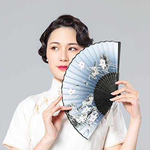 Umikk Hand Held Folding Fan, 2 Pack Craft Silk Fan with Bamboo Frame and Elegant Tassel - Thumbnail 6