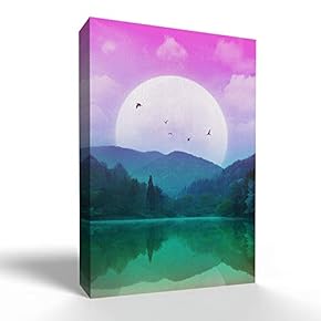 Canvas Wall Art - Big Super Moon Colorful Landscape for Bedroom - Modern Home Art Stretched and Framed Ready to Hang - 12x18 inches