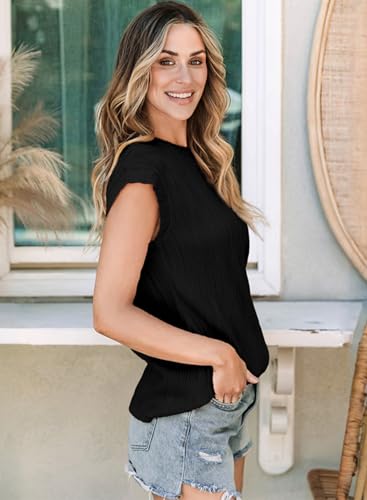 ALVAQ T SHIRTS FOR WOMEN 2024 SUMMER SHORT SLEEVE TOPS CAUSAL CREWNECK BASIC TEES TEXTURED BLOUSES PLUS SIZE BLACK XX-LARGE