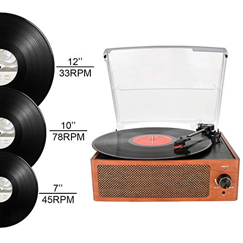Bluetooth Record Player Belt-Driven 3-Speed Turntable, Vintage Vinyl Record Players Built-in Stereo Speakers, with Headphone Jack/ Aux Input/ RCA Line Out, Wooden